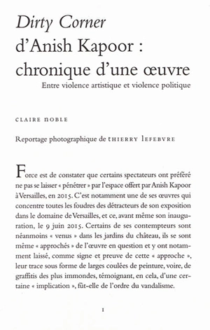 Dirty corner d'Anish Kapoor : chronique d'une oeuvre : entre violence artistique et violence politique - Claire Noble