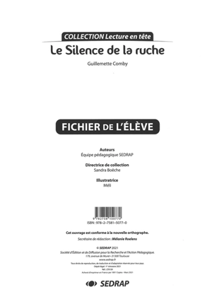 Le silence de la ruche, Guillemette Comby : fichier de l'élève - Société d'édition et de diffusion pour la recherche et l'action pédagogique