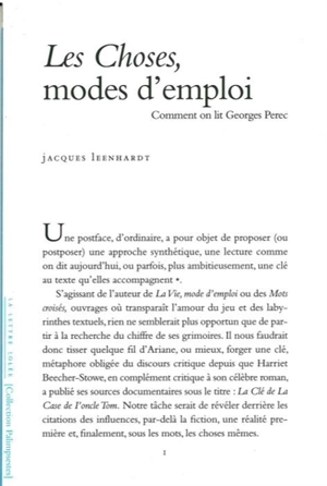 Les choses, modes d'emploi : comment on lit Georges Perec - Jacques Leenhardt