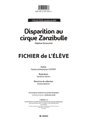 Disparition au cirque Zanzibulle, Delphine Dumouchel : fichier de l'élève - Société d'édition et de diffusion pour la recherche et l'action pédagogique