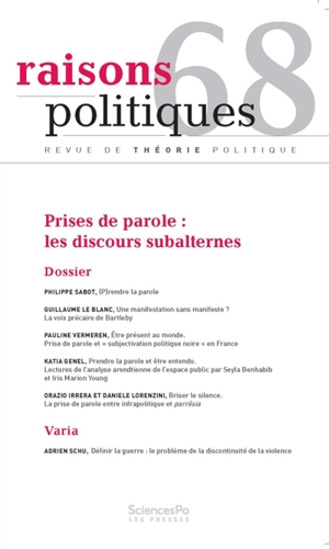 Raisons politiques, n° 68. Prises de parole : les discours subalternes