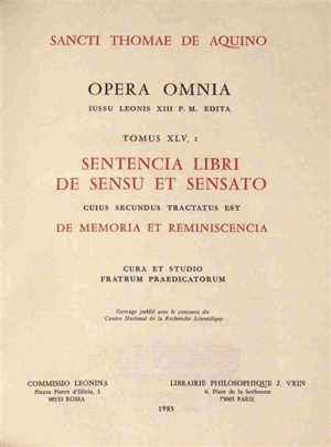 Sententia libri De sensu : (De memoria). Vol. 2 - Thomas d'Aquin