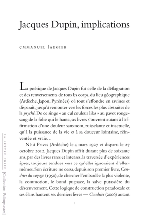 Jacques Dupin, implications - Emmanuel Laugier