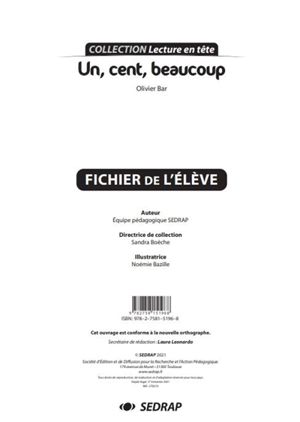 Un, cent, beaucoup, Olivier Bar : fichier de l'élève - Société d'édition et de diffusion pour la recherche et l'action pédagogique