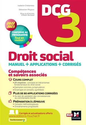 DCG 3, droit social : manuel + applications + corrigés : 2022-2023, conforme au programme - Isabelle Chedaneau