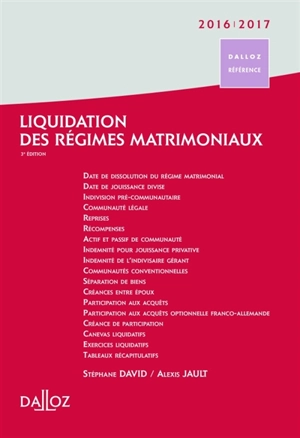 Liquidation des régimes matrimoniaux : 2016-2017 - Stéphane David