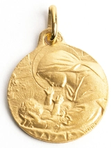 Médaille baptême « Vierge à l’Enfant crèche » plaqué or - Partant