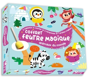 Coffret feutre magique animaux du monde : 5 tableaux à colorier et tamponner et 1 ardoise magique - Marine Fleury