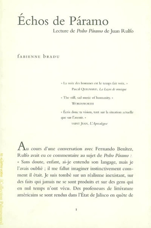 Echos de Paramo : lecture de Pedro Paramo de Juan Rulfo - Fabienne Bradu