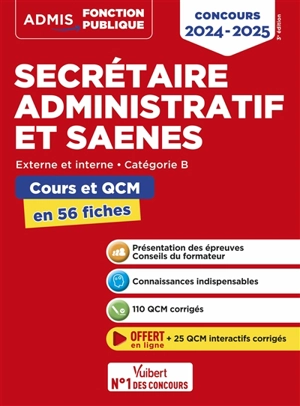 Secrétaire administratif et SAENES : externe et interne, catégorie B : cours et QCM en 56 fiches, concours 2024-2025 - René Guimet